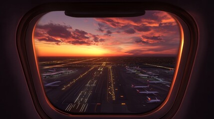 Fototapeta premium Airplane sunset view airport landscape aerial photography evening sky travel perspective journey reflection for wanderlust enthusiasts