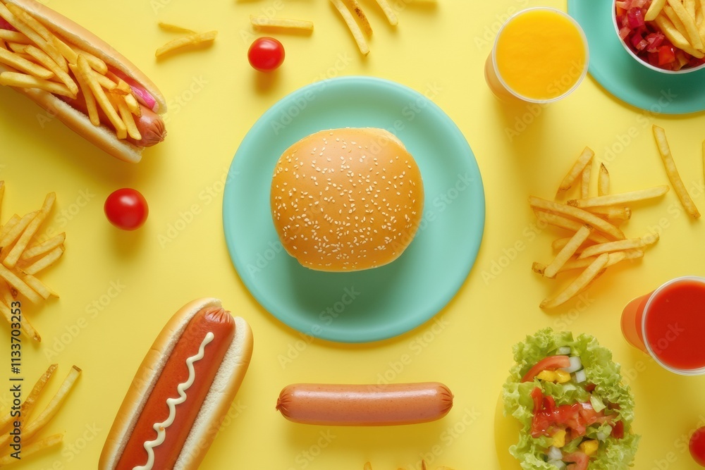 Poster A colorful table is filled with various fast food items including hot dogs, fries, and soft drinks, creating an appetizing display. Generative AI