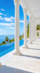 Obraz premium Mansion with towering columns and an infinity pool blending into the horizon