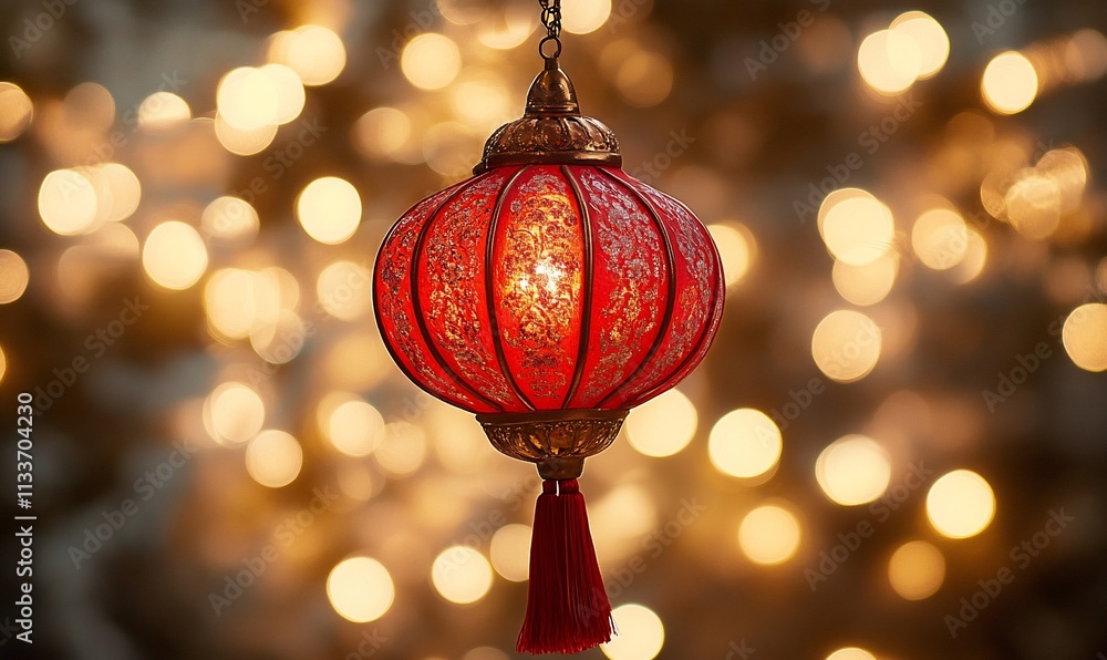 Poster a decorative red lantern illuminated against a blurred background of lights.