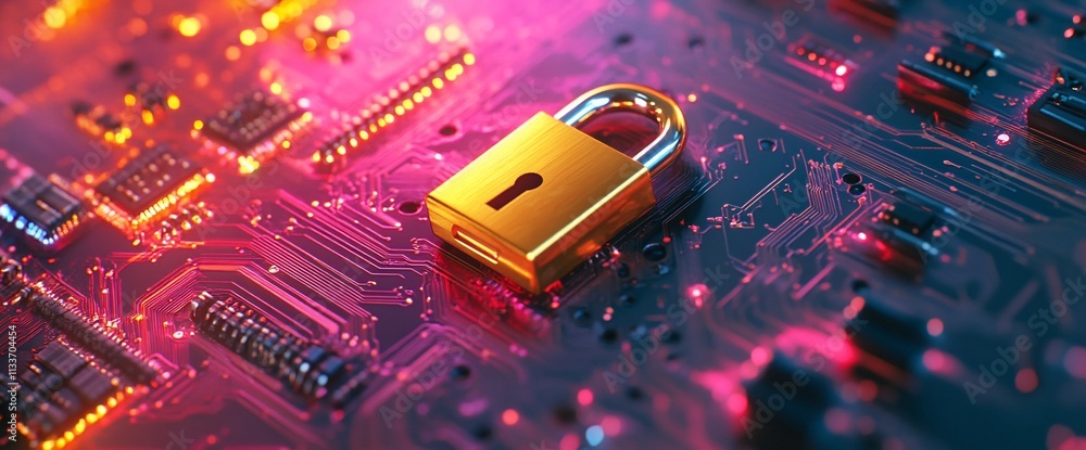 Poster a digital lock on a circuit board, symbolizing cybersecurity and protection.