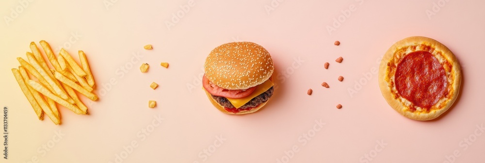 Aufkleber silhouettes of popular fast food items like burgers, fries, and pizza are arranged in a minimalist s