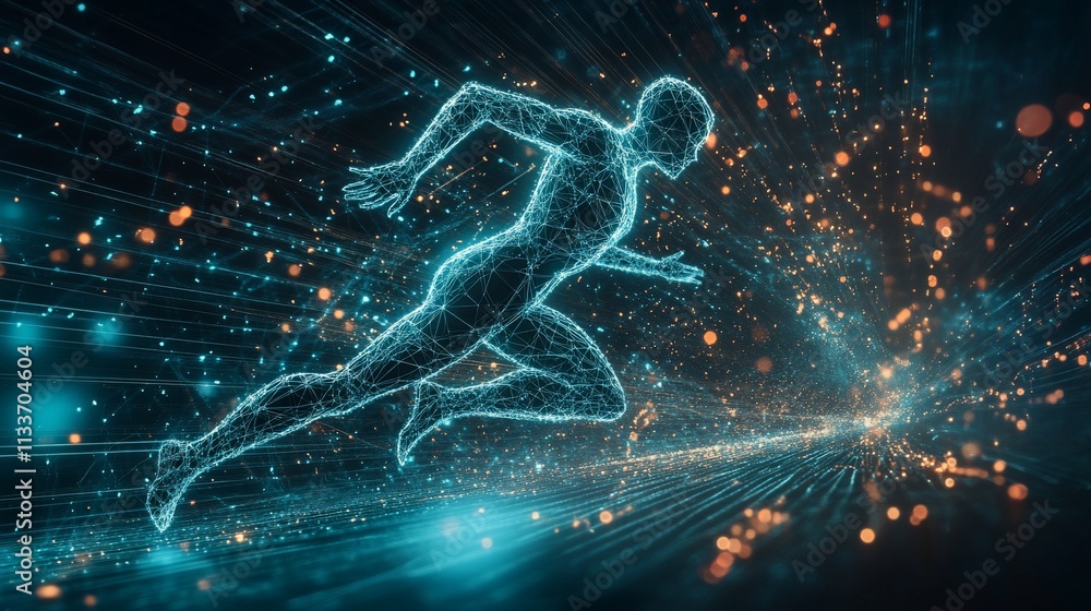 Poster a digital representation of a runner in motion, illustrating speed and energy.