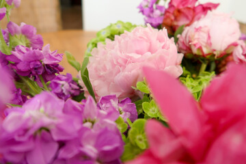 A vibrant close-up of pink and purple flowers surrounded by lush green foliage, with a soft focus on the background creating a warm and natural ambiance.
