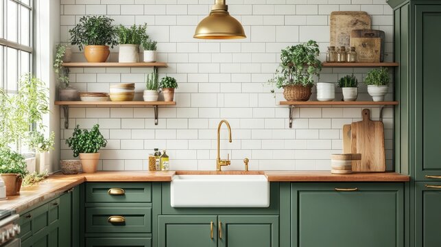 Farmhouse kitchen with green cabinets, wooden countertops, and open shelving displaying plants and kitchenware.