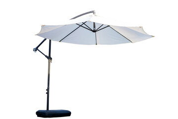 White aluminium cantilever parasol, Large beach umbrella and black stand isolated on transparent...