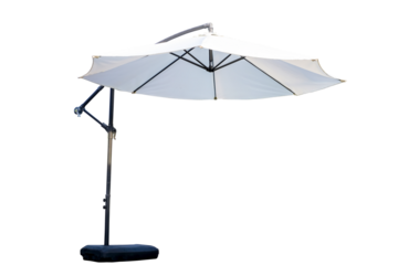 White aluminium cantilever parasol, Large beach umbrella and black stand isolated on transparent background, PNG File for graphic design