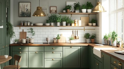 Fototapeta premium Sunlit green kitchen with plants, shelves, and wooden counter.