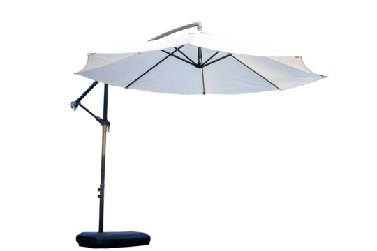 White aluminium cantilever parasol, Large beach umbrella and black stand isolated on transparent background, PNG File for graphic design