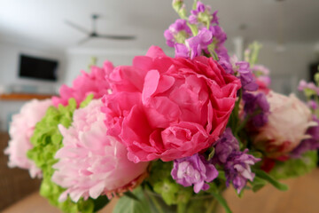 A vibrant floral bouquet featuring vivid magenta and pink peonies, soft purple blossoms, and lush green accents, captured in a cozy indoor setting with blurred background details.