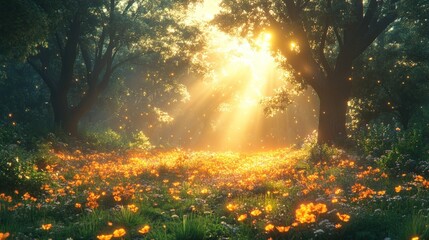 Sunlit forest clearing, orange wildflowers, magical.