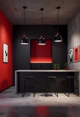 Modern Minimalist Kitchen-Bar Area with Red and Black Accents