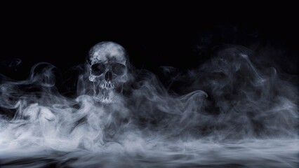 Black and white image of swirling smoke and flames, creating a haunting Halloween atmosphere with a dark background.