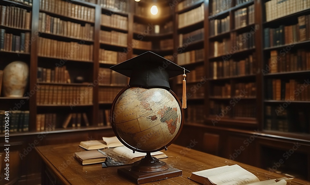 Aufkleber a globe and graduation cap in a classic library setting.