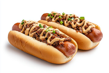 A Two hot dogs topped with savory meat and sauce on white background