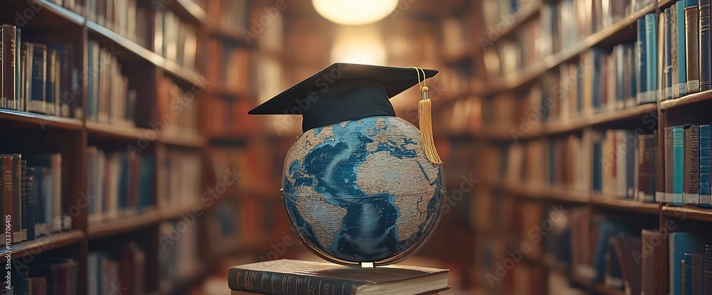 Poster a globe wearing a graduation cap in a library setting symbolizes education.