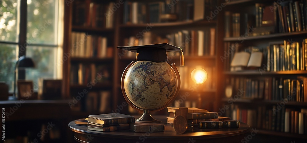 Poster a globe with a graduation cap in a cozy library setting.