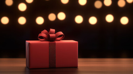 A beautifully wrapped red gift box with bow sits on wooden table, surrounded by warm bokeh lights