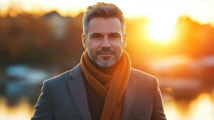 Fototapeta premium A handsome man standing confidently at sunrise, gentle rays casting a warm glow, creating an inspiring greeting card imag