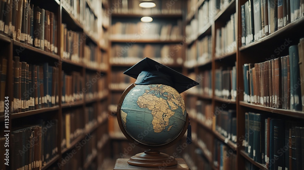 Poster A globe with a graduation cap in a library filled with books.
