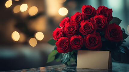 A vibrant bouquet of red roses with blank card on table, romantic ambiance