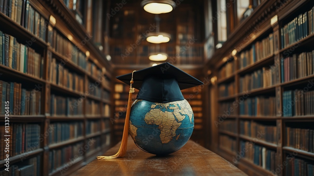 Poster a globe with a graduation cap in a library symbolizes education and knowledge.