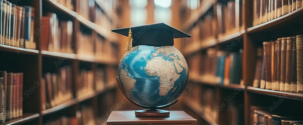 Poster a globe with a graduation cap in a library, symbolizing education and knowledge.