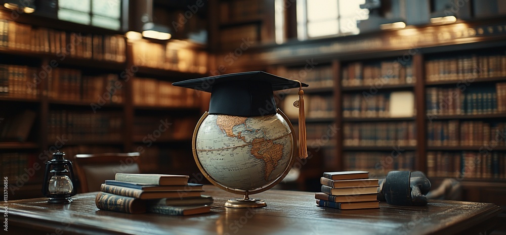 Aufkleber A globe with a graduation cap surrounded by books in a library setting.