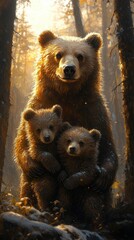 Obraz premium A mother bear embraces her two cubs in a serene forest setting during golden hour.