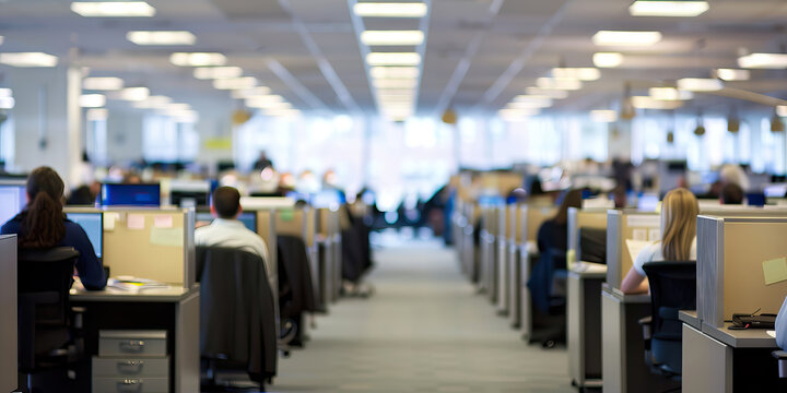 Modern Office Interior with Rows of Cubicles and Employees at Workstations