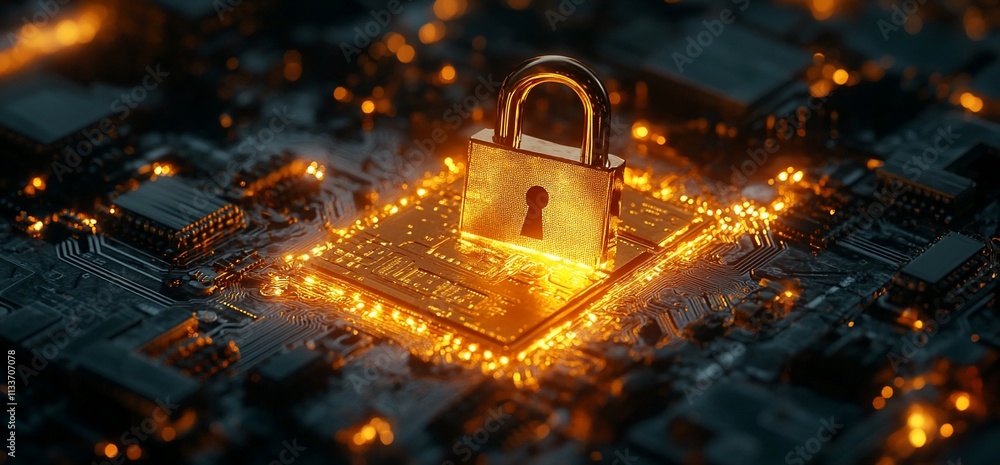 Aufkleber a glowing lock on a circuit board symbolizes digital security and encryption.