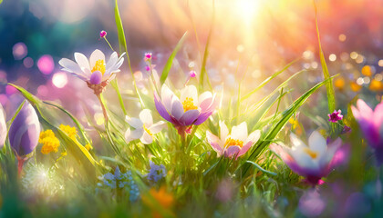 Abstract flowers blooming in a green grass meadow on a spring Easter sunrise background