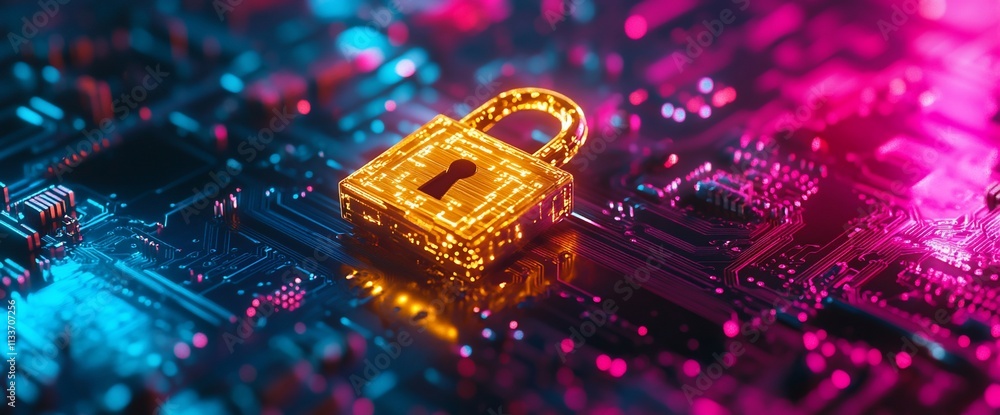 Poster a glowing padlock on a circuit board symbolizes digital security.