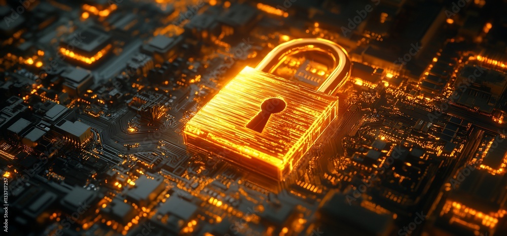 Poster a glowing padlock on a circuit board, symbolizing digital security.