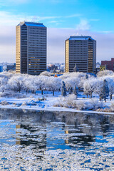A snowy cityscape with two tall buildings and a large body of water © Scott Prokop