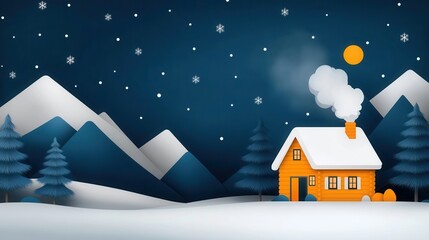 Naklejka premium Cozy wooden cottage nestled in a snowy winter landscape surrounded by pine forests and rugged mountains glowing warmly under the light of a full moon and twinkling stars in the night sky