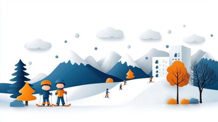 Picturesque snowy mountain landscape with a family of four bundled up in warm clothing playing and enjoying various outdoor winter activities like skiing snowboarding and hiking in a serene peaceful