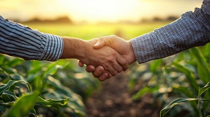 handshake between two farmers symbolizes partnership and collaboration in agriculture. sun sets over lush green field, highlighting importance of teamwork in farming