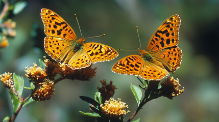 Obraz premium Two Orange Butterflies on Flowers