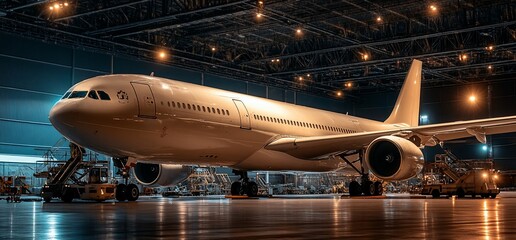 A large aircraft inside a well-lit hangar, showcasing aviation maintenance.