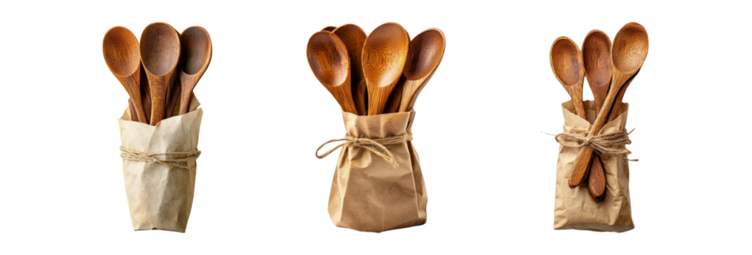 Wooden Spoons in Stylish Packaging on Transparent Background