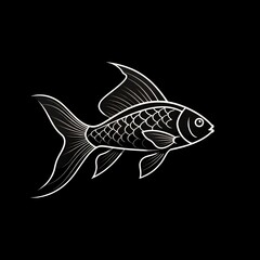 Fototapeta premium A sleek black fish illustration with white outlines, featuring flowing curves and angular elements for a dynamic and minimalist design on a black background.