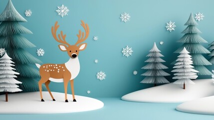 Majestic reindeer standing in a snowy winter landscape with decorated evergreen trees snowflakes and a cozy cabin in the background  Festive and enchanting Christmas and holiday scene