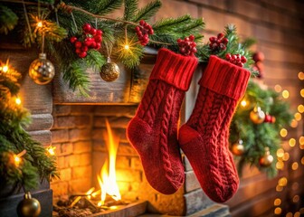 Cozy Christmas stockings hang from a mantel, festive decorations in sharp focus against a blurred fireplace.