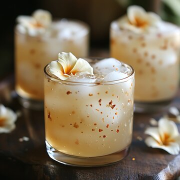 Refreshing Golden Elixir Cocktail Garnishes with Edible Flowers and Gold Flakes.