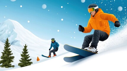 Two snowboarders descending a snowy mountain slope on a sunny winter day enjoying the freedom and thrill of the outdoor winter sports activity in a peaceful serene landscape