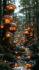 Naklejka premium A serene forest scene illuminated by glowing lanterns beside a gentle stream.