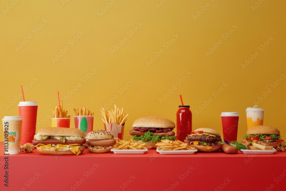 Poster an array of fast food favorites including burgers, fries, hot dogs, and soft drinks is neatly displa