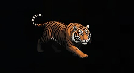 A sleek black tiger illustration with white outlines, featuring elegant curves and sharp angles for a dynamic and bold design on a solid black background.