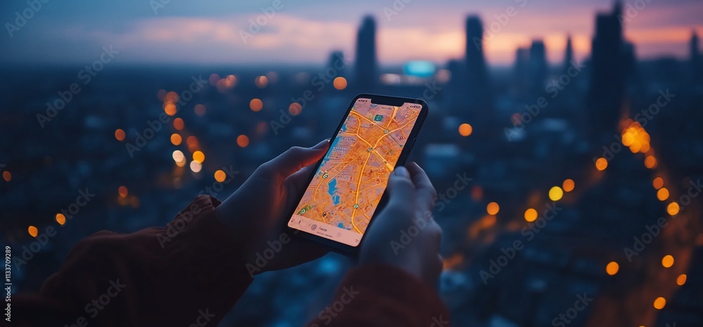 Poster a person holding a smartphone displaying a map at sunset over a city.